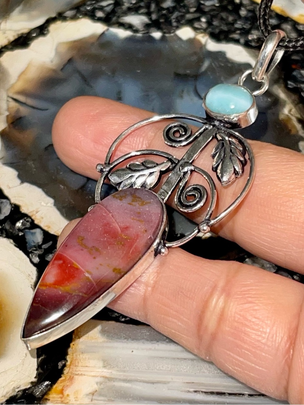 Lightweight Larimar & Mookaite Jasper Crystal Pendant 2 7/8”